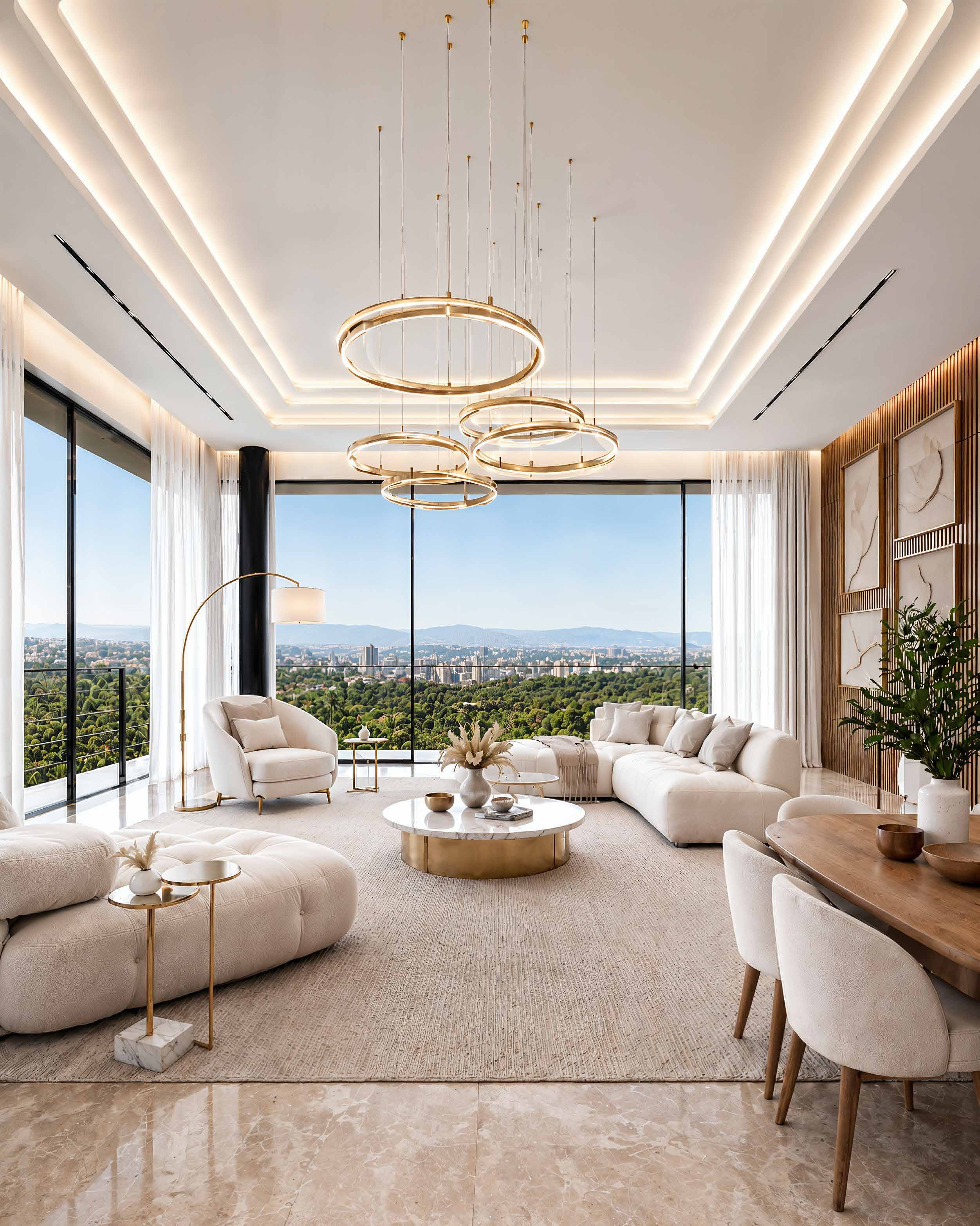 Artist's impression of a bright living room with scenic views